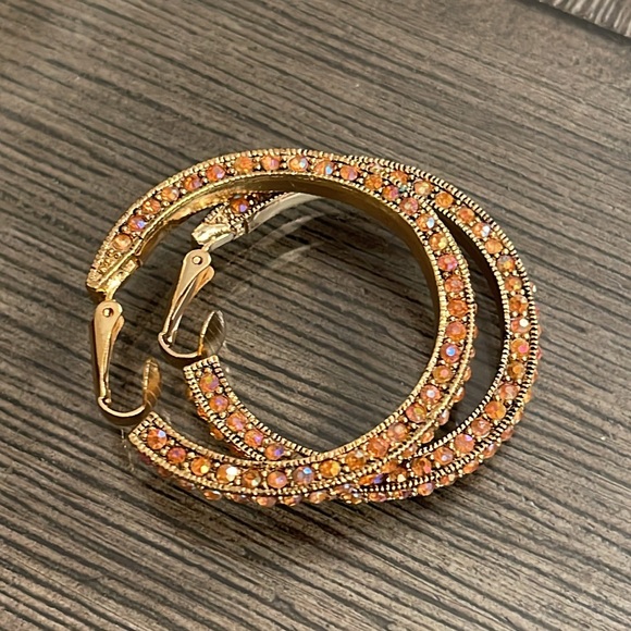 Vintage Orange Aurora Borealis Clip Hoop Earrings - Picture 7 of 15